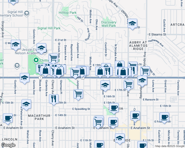 map of restaurants, bars, coffee shops, grocery stores, and more near 1832 Molino Avenue in Signal Hill
