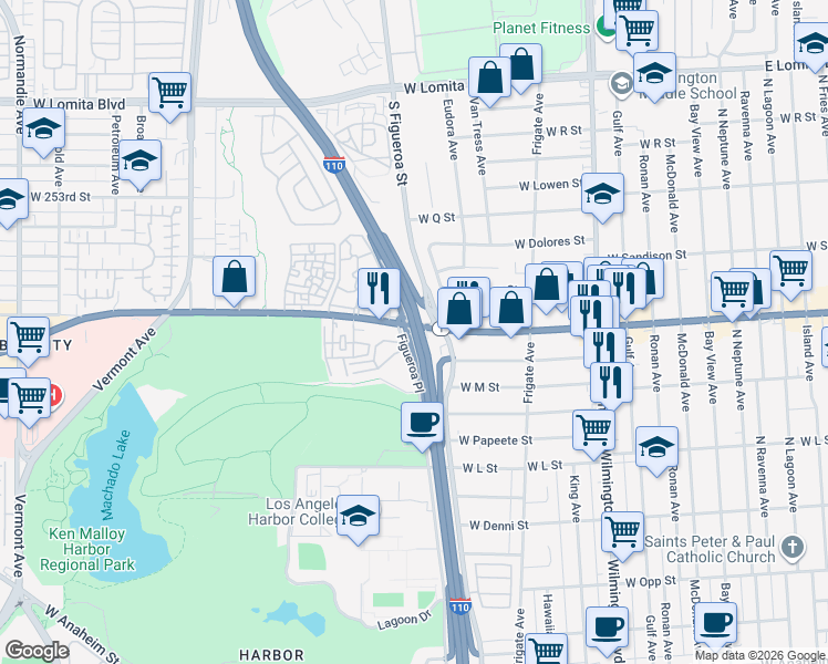map of restaurants, bars, coffee shops, grocery stores, and more near Harbor Freeway and Transit Way in Los Angeles County
