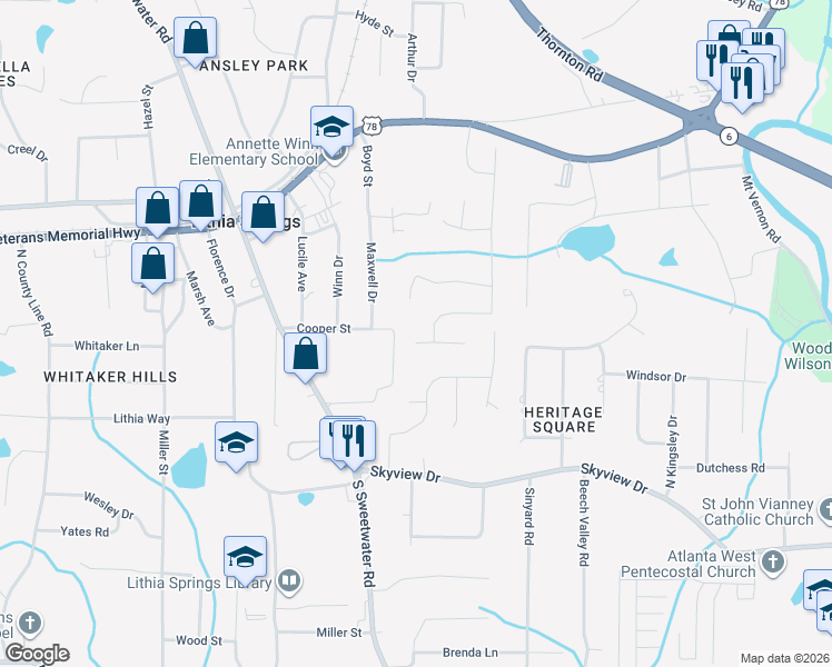map of restaurants, bars, coffee shops, grocery stores, and more near 2092 Orchid Lane in Lithia Springs