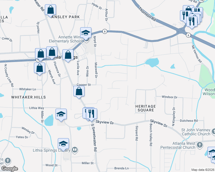 map of restaurants, bars, coffee shops, grocery stores, and more near 6786 Cooper Circle in Lithia Springs