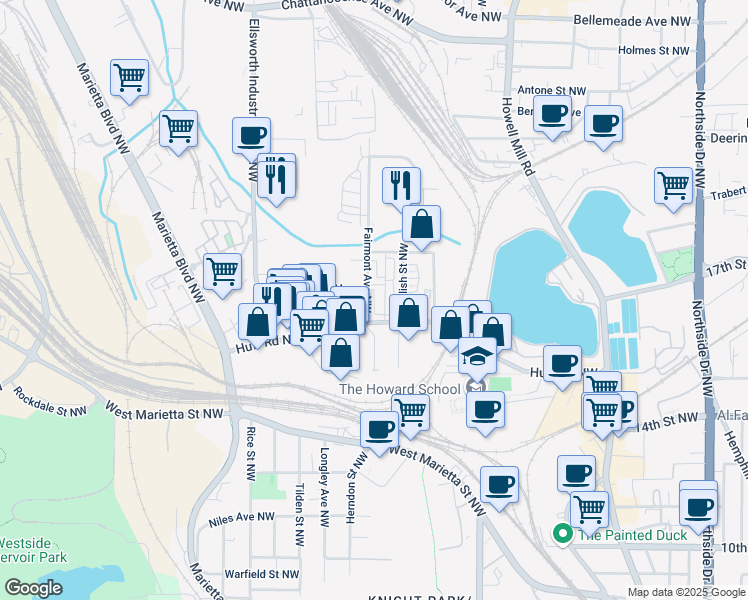map of restaurants, bars, coffee shops, grocery stores, and more near 1276 Longreen Terrace Northwest in Atlanta
