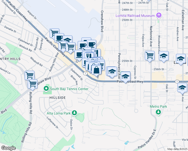 map of restaurants, bars, coffee shops, grocery stores, and more near 2539 Pacific Coast Highway in Torrance