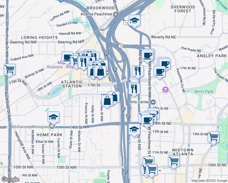map of restaurants, bars, coffee shops, grocery stores, and more near 165 16th Street Northwest in Atlanta