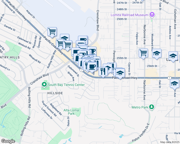 map of restaurants, bars, coffee shops, grocery stores, and more near 2539 Pacific Coast Highway in Torrance