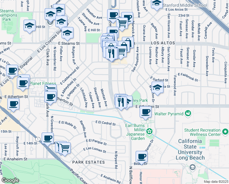 map of restaurants, bars, coffee shops, grocery stores, and more near 1900 North Bellflower Boulevard in Long Beach
