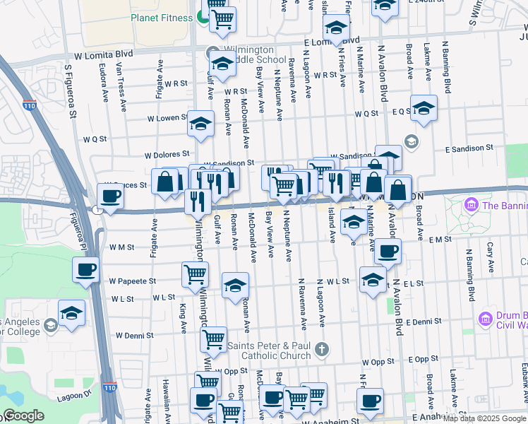 map of restaurants, bars, coffee shops, grocery stores, and more near 614 West Pacific Coast Highway in Los Angeles