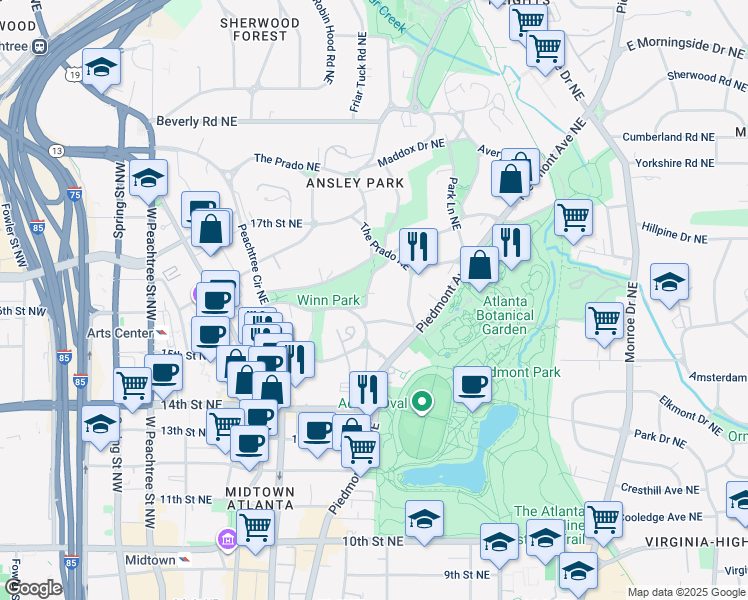 map of restaurants, bars, coffee shops, grocery stores, and more near 3 Barksdale Drive Northeast in Atlanta