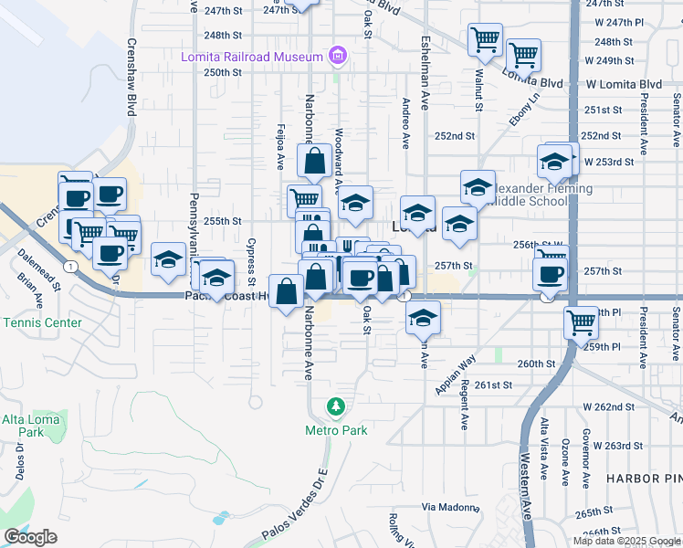 map of restaurants, bars, coffee shops, grocery stores, and more near 2155 Pacific Coast Highway in Lomita