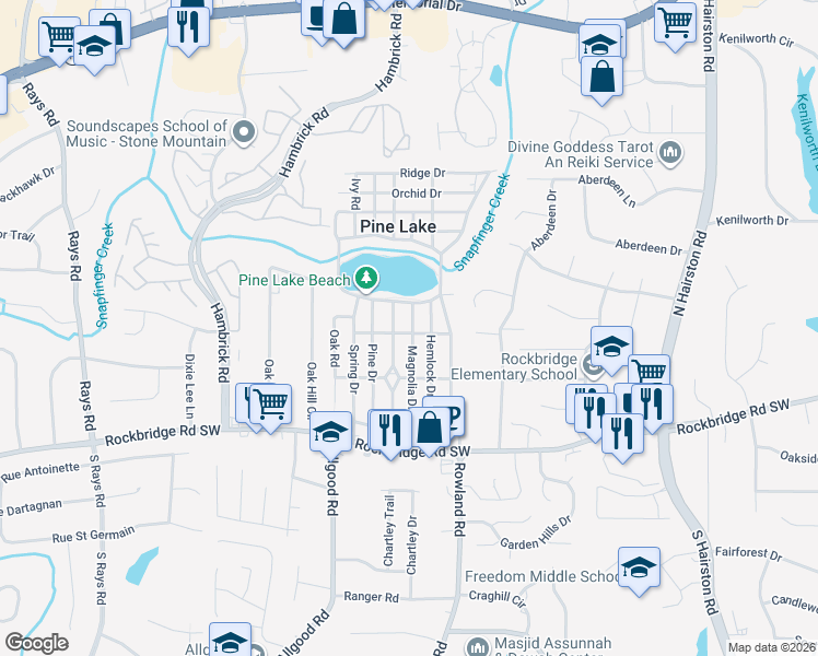 map of restaurants, bars, coffee shops, grocery stores, and more near 514 Magnolia Drive in Pine Lake