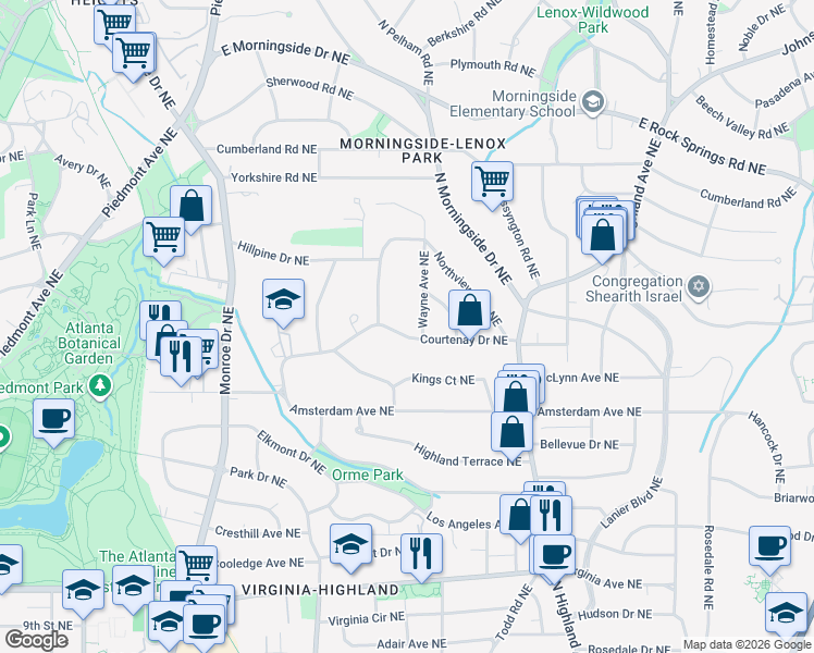 map of restaurants, bars, coffee shops, grocery stores, and more near 818 Courtenay Drive Northeast in Atlanta