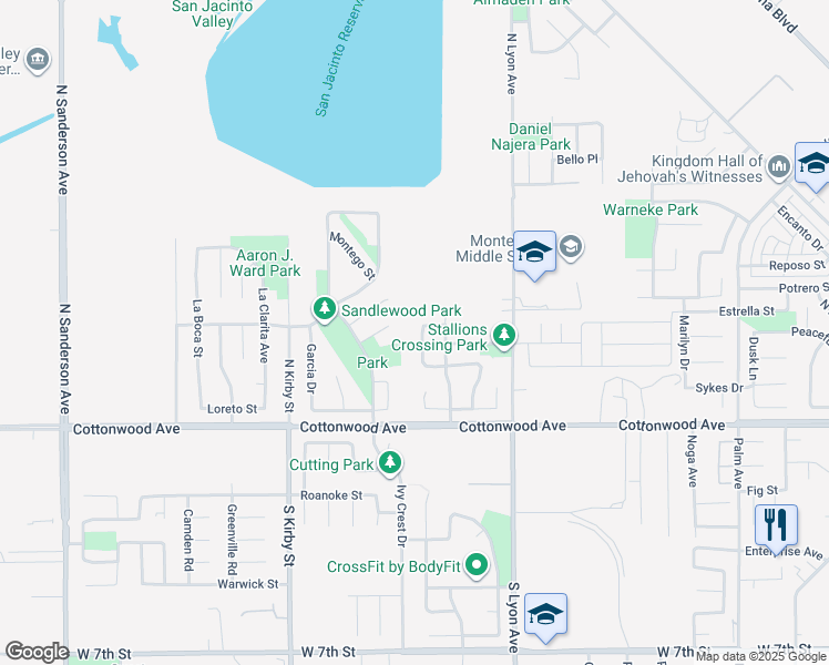 map of restaurants, bars, coffee shops, grocery stores, and more near 264 Galiceno Drive in San Jacinto