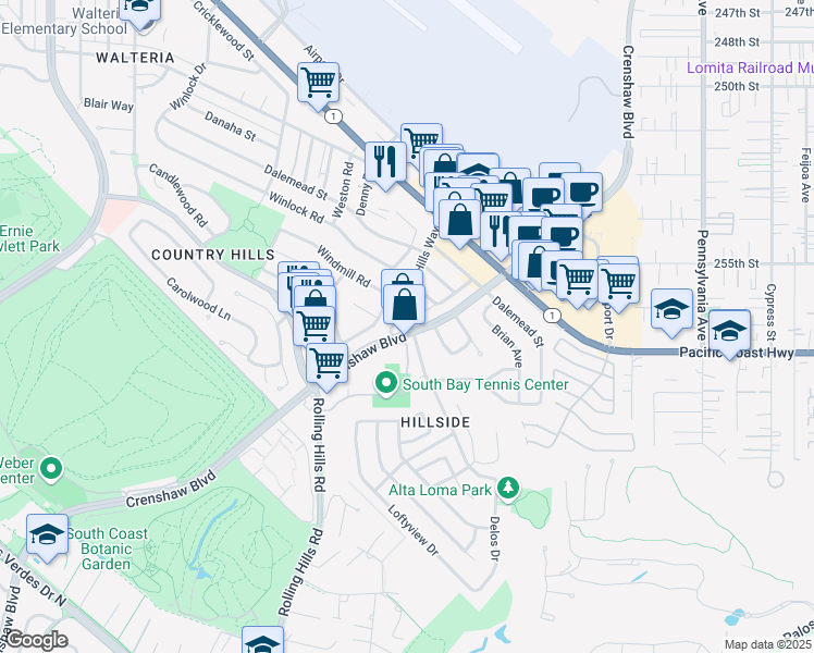 map of restaurants, bars, coffee shops, grocery stores, and more near 25624 Rolling Hills Way in Torrance