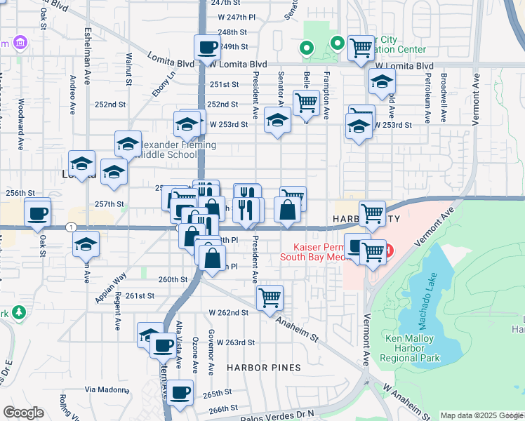 map of restaurants, bars, coffee shops, grocery stores, and more near 1519 257th Street in Los Angeles
