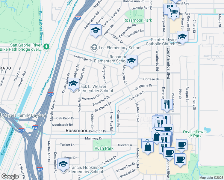 map of restaurants, bars, coffee shops, grocery stores, and more near 3092 Inverness Drive in Los Alamitos