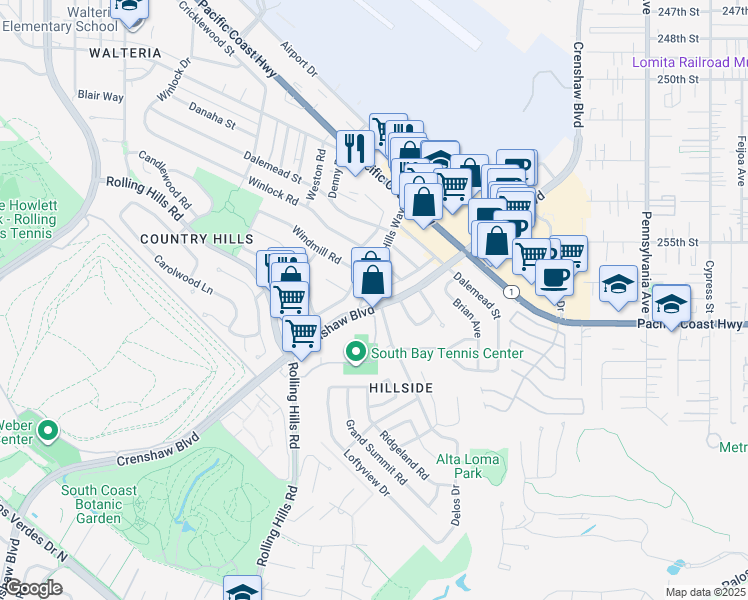 map of restaurants, bars, coffee shops, grocery stores, and more near 25624 Rolling Hills Way in Torrance