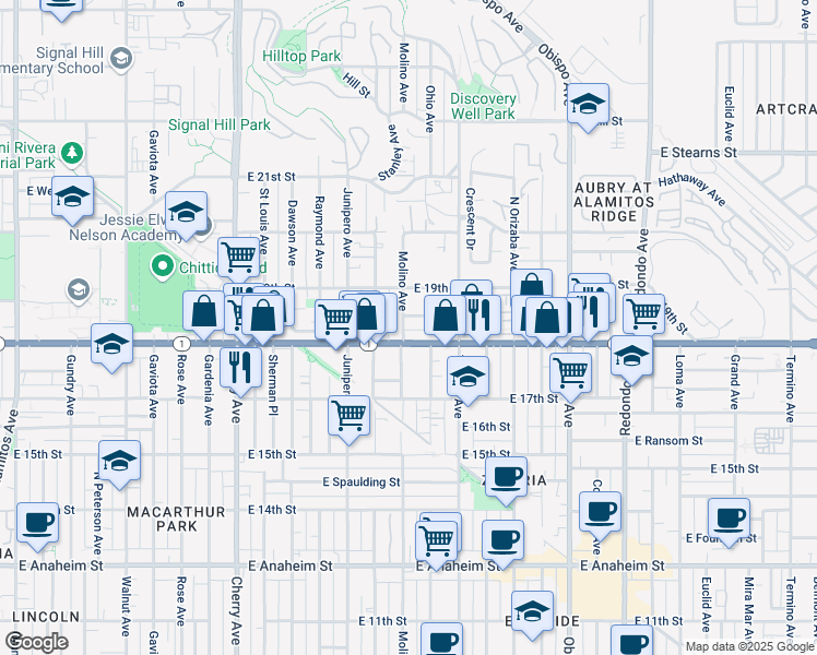 map of restaurants, bars, coffee shops, grocery stores, and more near 1834 Molino Avenue in Signal Hill