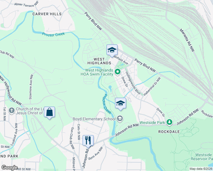 map of restaurants, bars, coffee shops, grocery stores, and more near 903 Samples Lane Northwest in Atlanta