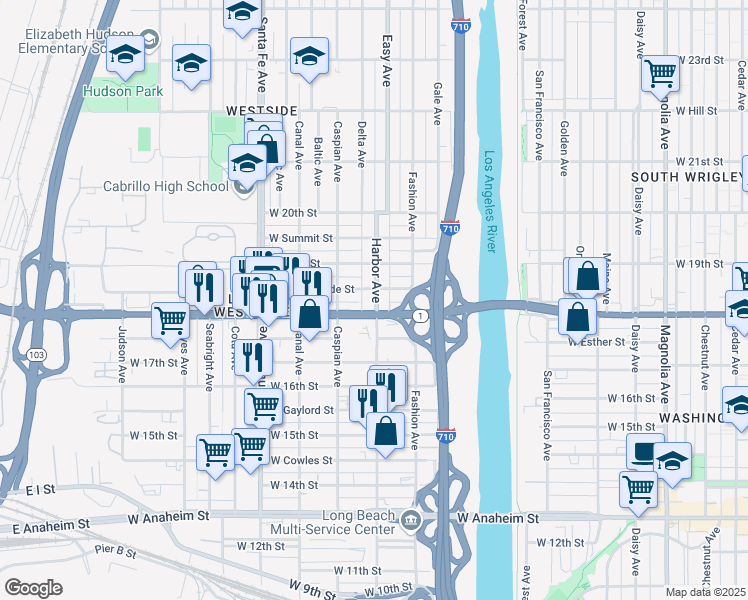 map of restaurants, bars, coffee shops, grocery stores, and more near 1831 Harbor Avenue in Long Beach