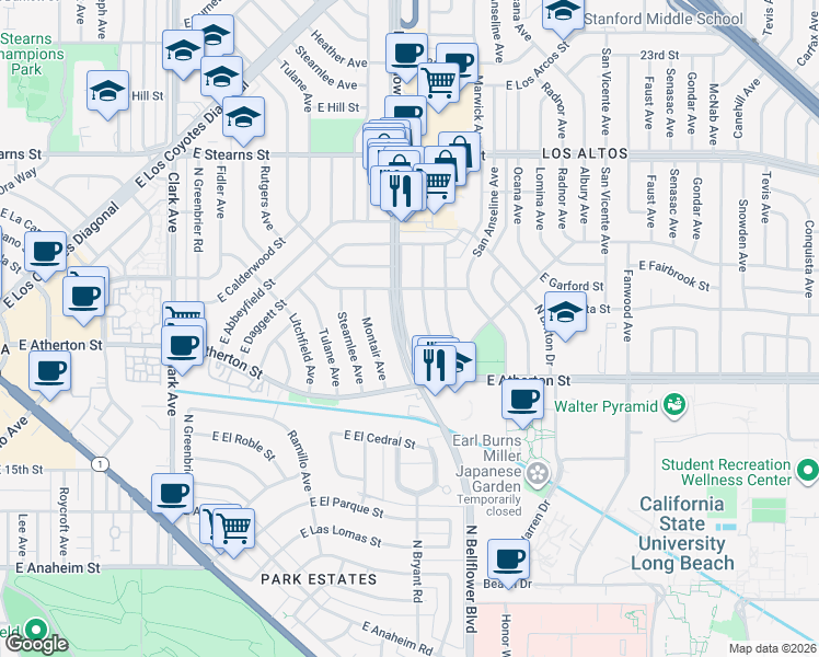 map of restaurants, bars, coffee shops, grocery stores, and more near 1900 North Bellflower Boulevard in Long Beach