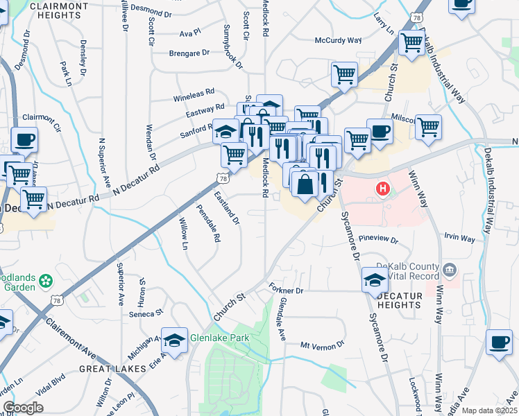map of restaurants, bars, coffee shops, grocery stores, and more near 2400 Charleston Oaks Lane in Decatur