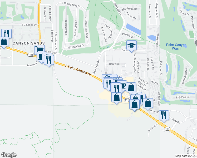 map of restaurants, bars, coffee shops, grocery stores, and more near 6575 East Palm Canyon Drive in Cathedral City