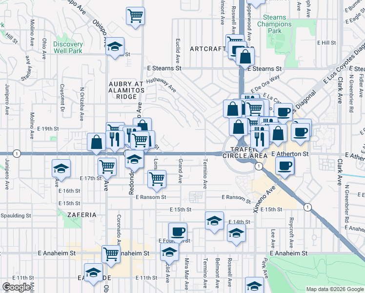map of restaurants, bars, coffee shops, grocery stores, and more near 3801 East Pacific Coast Highway in Long Beach