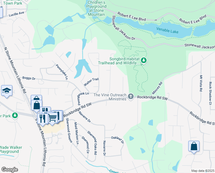 map of restaurants, bars, coffee shops, grocery stores, and more near 442 Mountain Park Trail in Stone Mountain