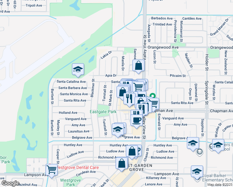 map of restaurants, bars, coffee shops, grocery stores, and more near 11851 Bailey Street in Garden Grove
