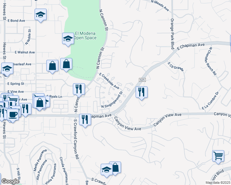 map of restaurants, bars, coffee shops, grocery stores, and more near 222 North Singingwood Street in Orange
