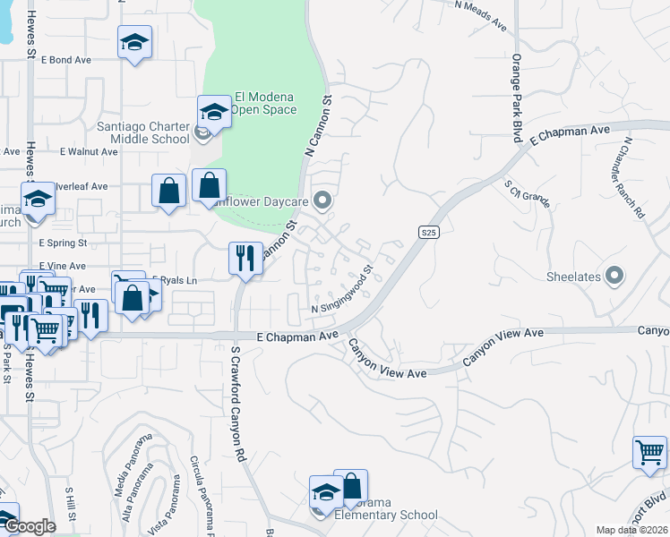 map of restaurants, bars, coffee shops, grocery stores, and more near 222 North Singingwood Street in Orange
