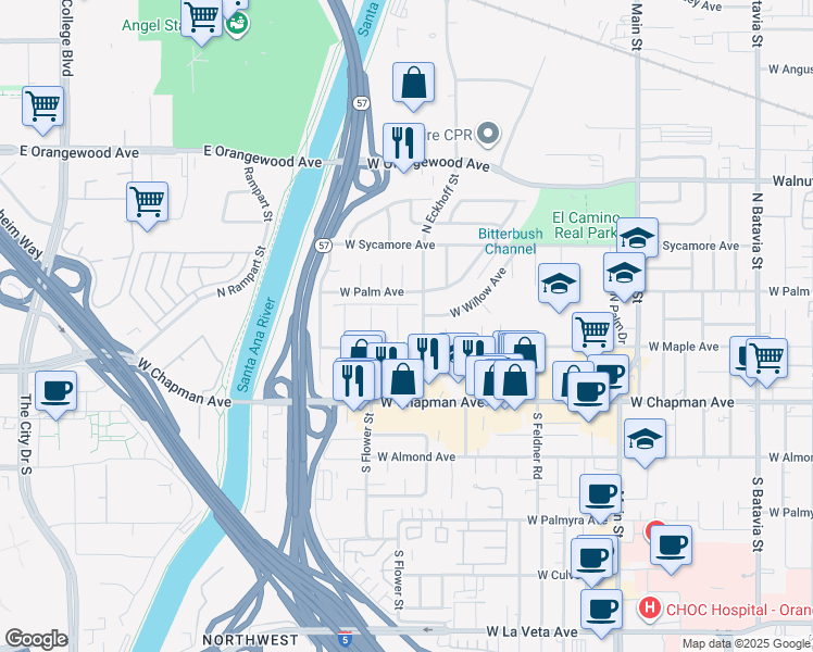 map of restaurants, bars, coffee shops, grocery stores, and more near 245 North Stevens Street in Orange