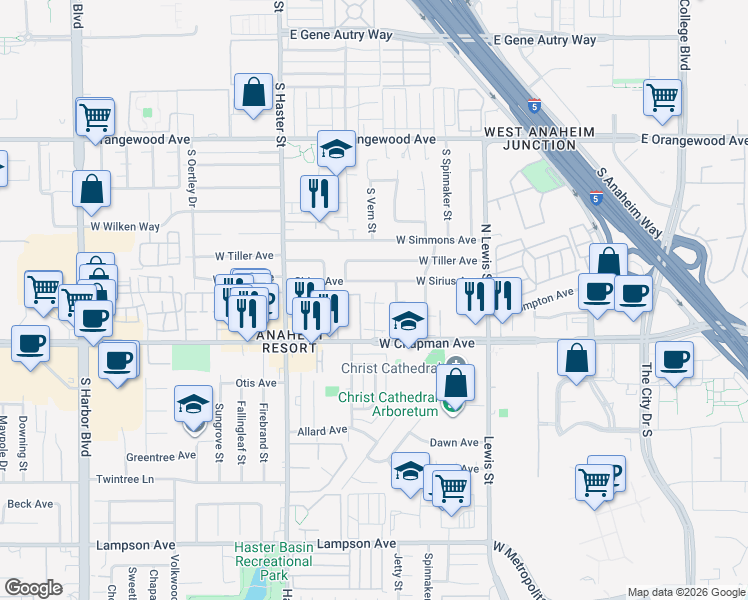 map of restaurants, bars, coffee shops, grocery stores, and more near 186 North Grant Place in Orange