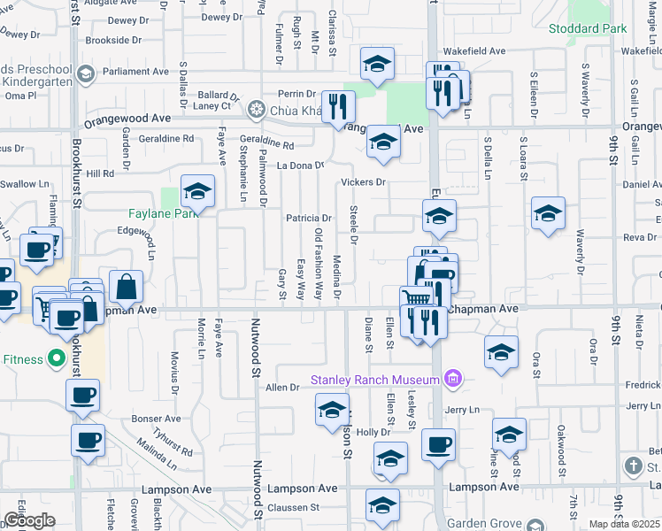map of restaurants, bars, coffee shops, grocery stores, and more near 11852 Old Fashion Way in Garden Grove