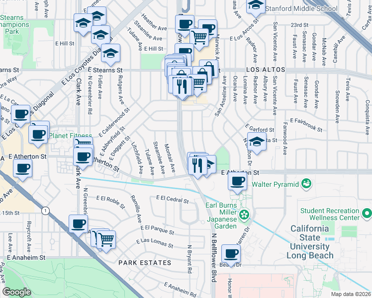 map of restaurants, bars, coffee shops, grocery stores, and more near 1908 North Bellflower Boulevard in Long Beach