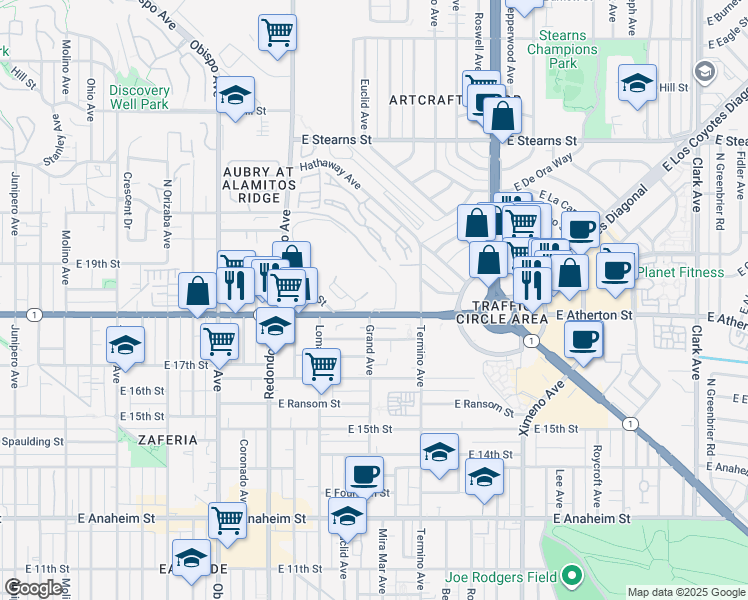 map of restaurants, bars, coffee shops, grocery stores, and more near 3801 East Pacific Coast Highway in Long Beach