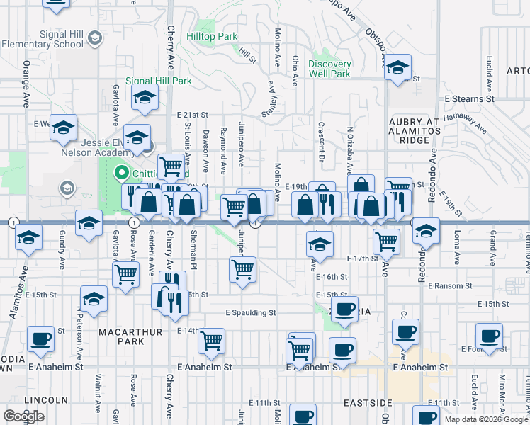 map of restaurants, bars, coffee shops, grocery stores, and more near 1825 Stanley Avenue in Signal Hill