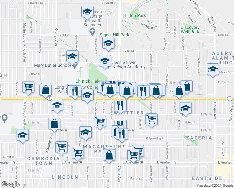 map of restaurants, bars, coffee shops, grocery stores, and more near 1830 Gardenia Avenue in Long Beach