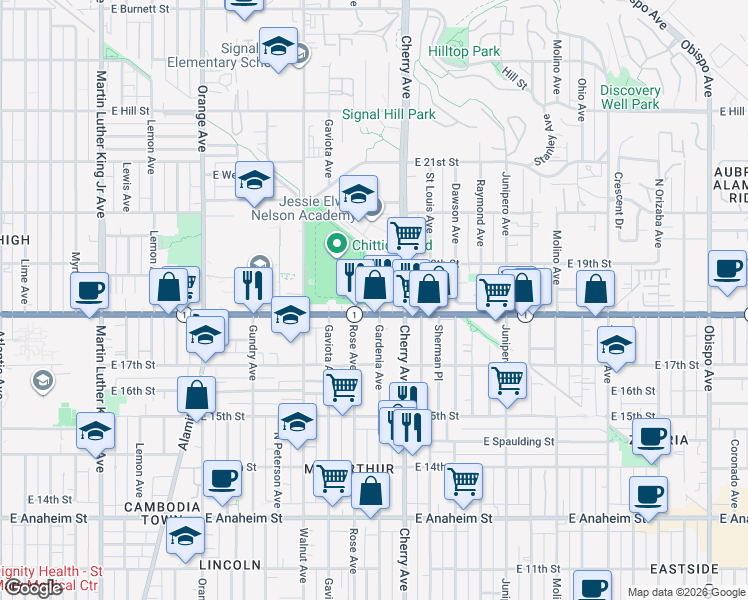 map of restaurants, bars, coffee shops, grocery stores, and more near 1830 Gardenia Avenue in Long Beach