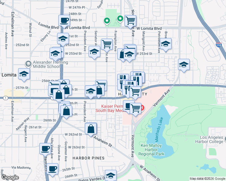 map of restaurants, bars, coffee shops, grocery stores, and more near 1346 257th Street in Los Angeles
