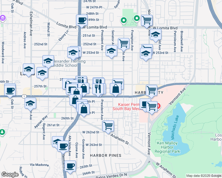 map of restaurants, bars, coffee shops, grocery stores, and more near 1519 257th Street in Los Angeles