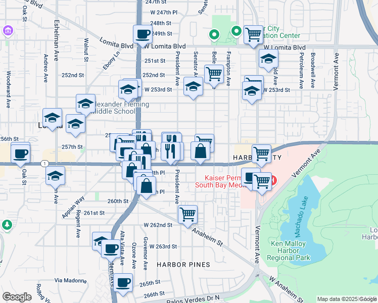 map of restaurants, bars, coffee shops, grocery stores, and more near 1519 257th Street in Los Angeles