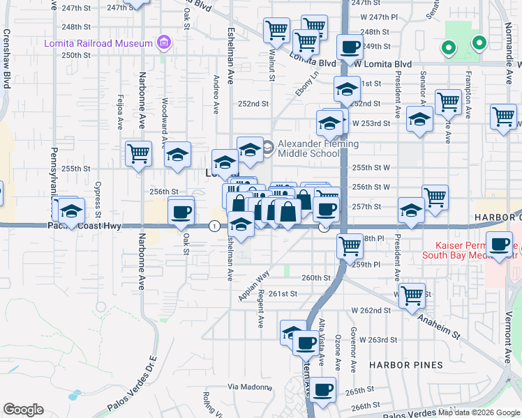 map of restaurants, bars, coffee shops, grocery stores, and more near 1910 257th Street in Lomita