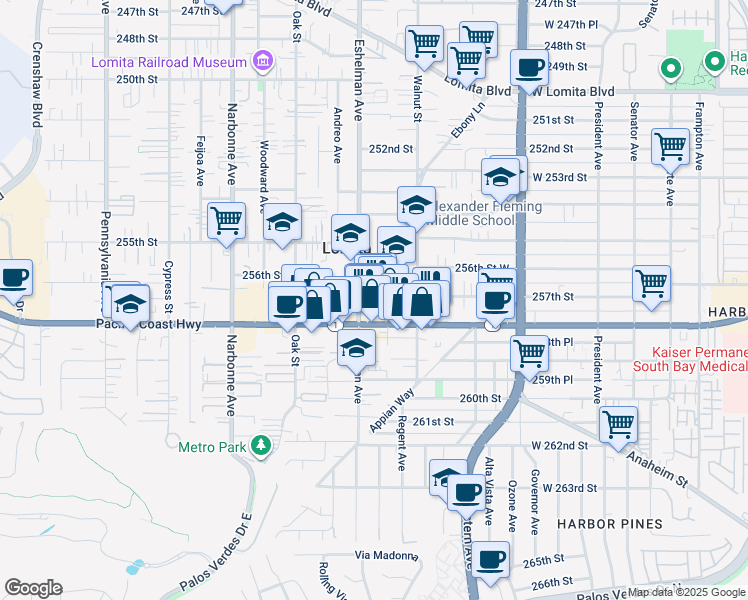 map of restaurants, bars, coffee shops, grocery stores, and more near 1956 257th Street in Lomita