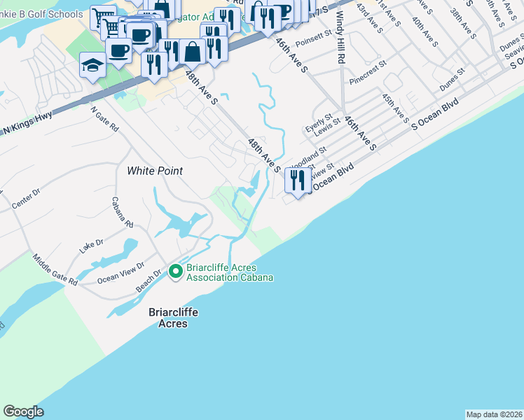 map of restaurants, bars, coffee shops, grocery stores, and more near 719 North Beach Boulevard in North Myrtle Beach