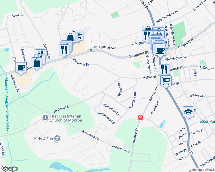 map of restaurants, bars, coffee shops, grocery stores, and more near 416 McDaniel Street in Monroe