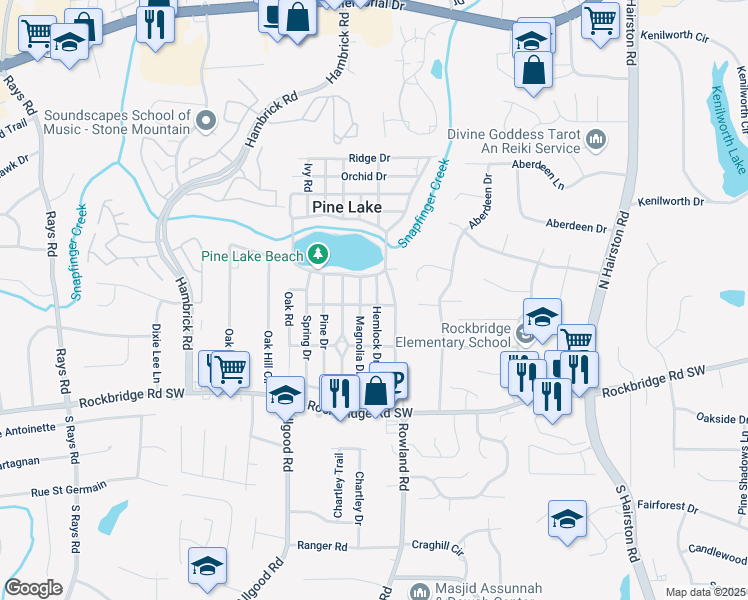 map of restaurants, bars, coffee shops, grocery stores, and more near 4622 Dogwood Road in Pine Lake