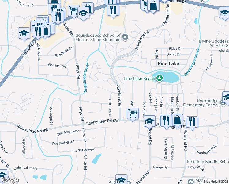 map of restaurants, bars, coffee shops, grocery stores, and more near 4292 Village Square Lane in Stone Mountain