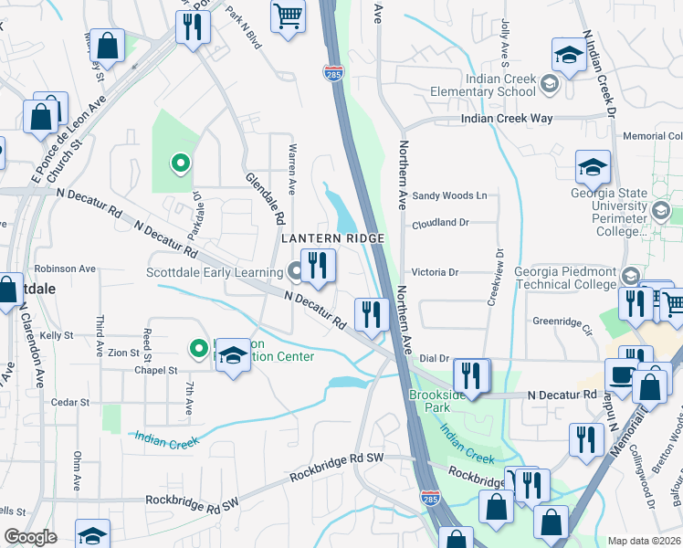 map of restaurants, bars, coffee shops, grocery stores, and more near 3673 Lantern Walk Lane in Scottdale