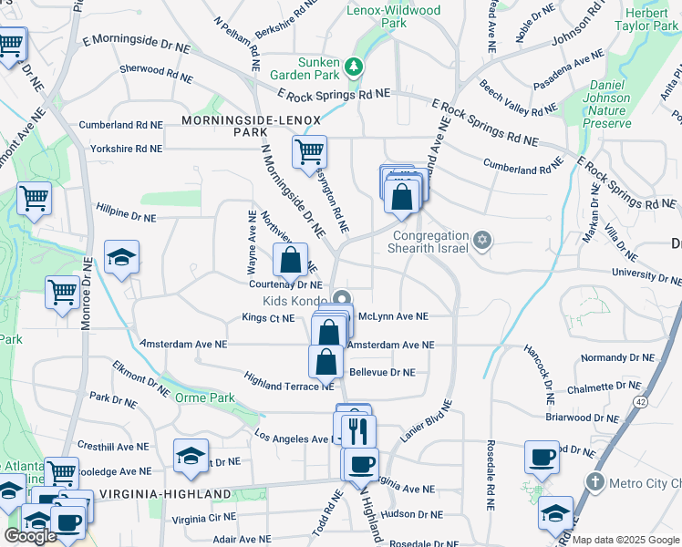 map of restaurants, bars, coffee shops, grocery stores, and more near 1315 North Highland Avenue Northeast in Atlanta