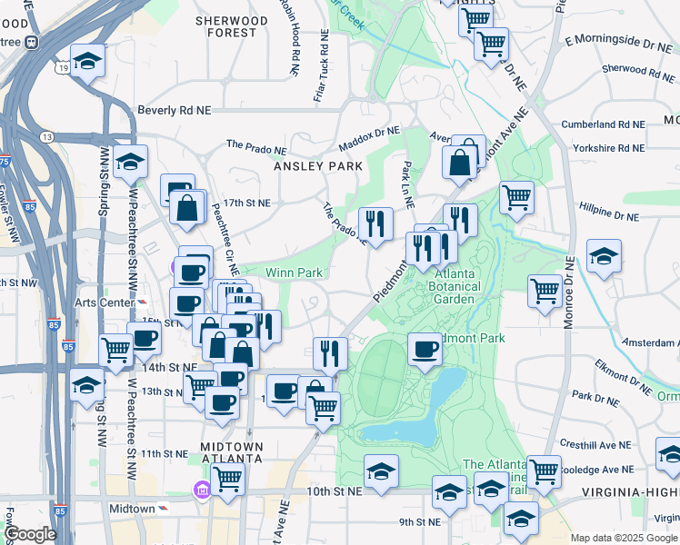 map of restaurants, bars, coffee shops, grocery stores, and more near 21 Barksdale Drive Northeast in Atlanta